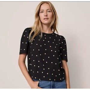 Ann Taylor Black Cream Polka Dot Short Sleeved Blouse Preppy Minimalist Size S